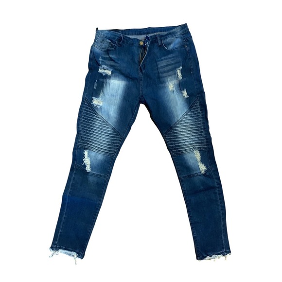 Distressed Denim Jeans Ripped Biker Moto Style Dark Wash - Picture 1 of 2